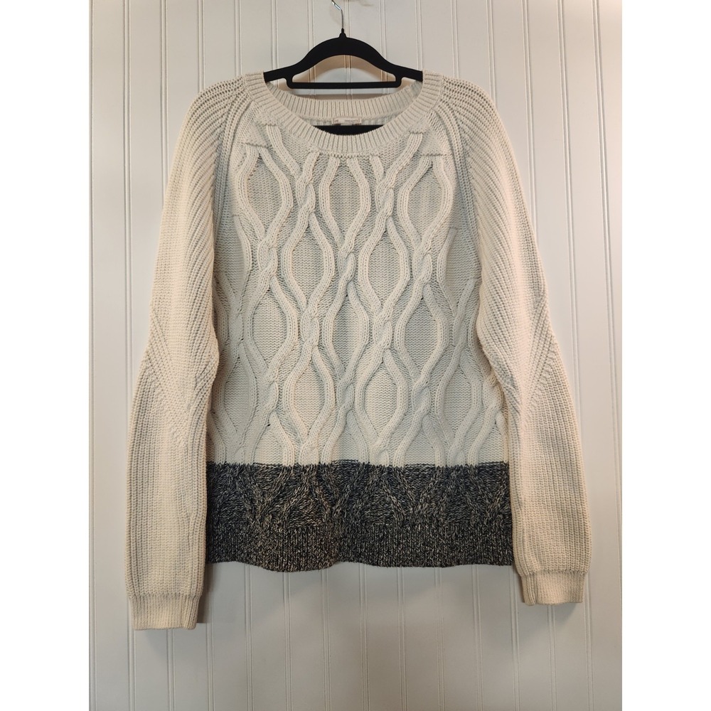 Gap Women's White Navy Chunky Cable Knit Sweater Size XL Classic Cozy Preppy‎